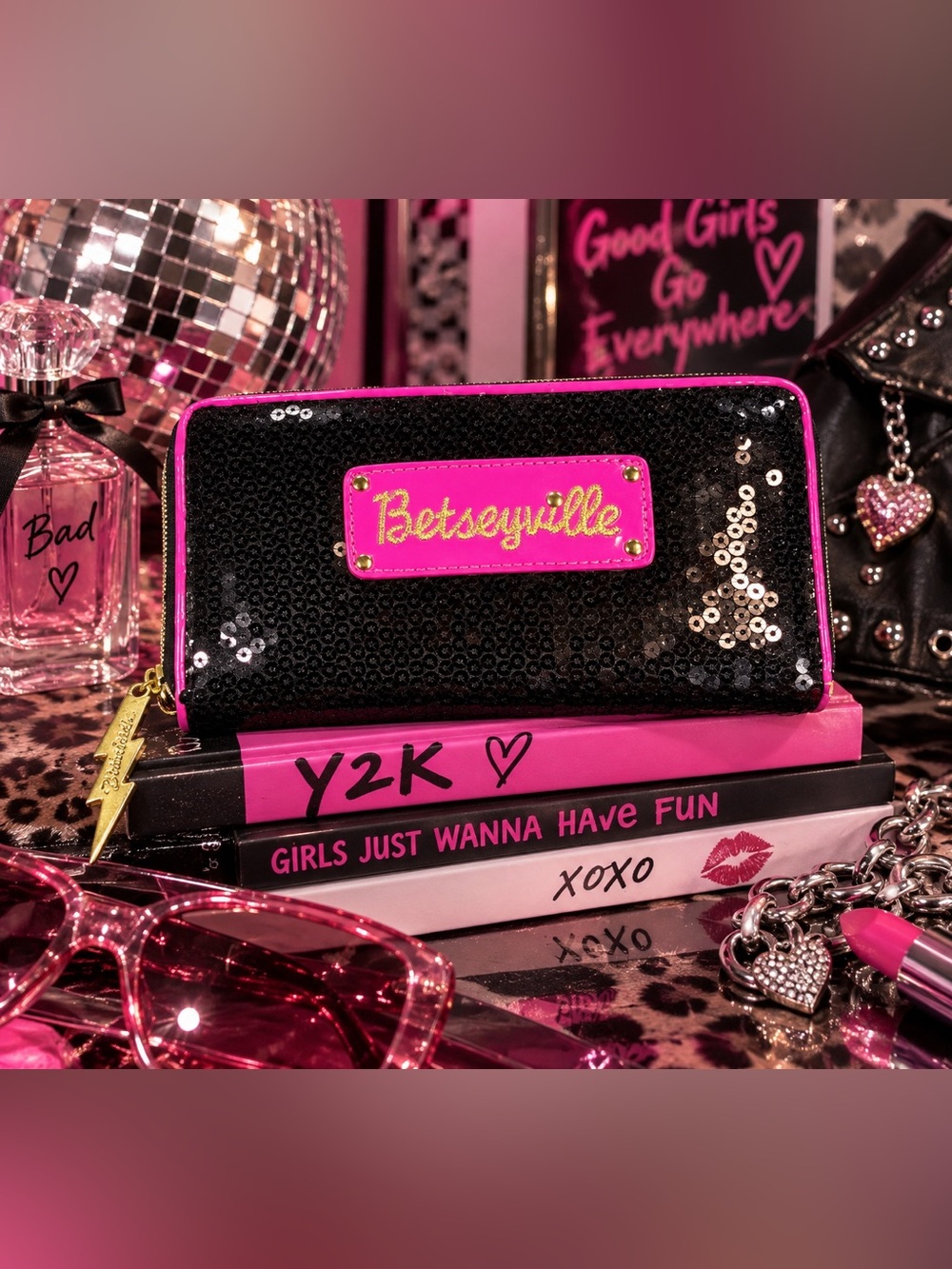 Betsey Johnson Black Sequin Zip Wallet with Hot Pink Trim